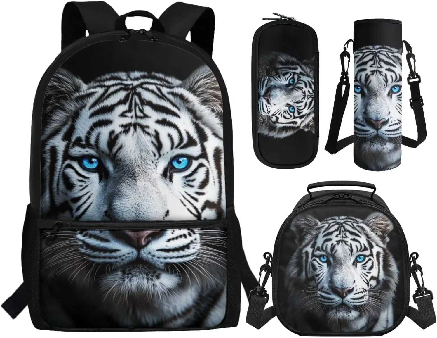 ZFRXIGN White Tiger with Blue Eyes Backpack for Boys School Backpack with Lunch Bags Pencil Case Cap Sleeve for Elementary School Middle School Bookbag Zipper Purse Black
