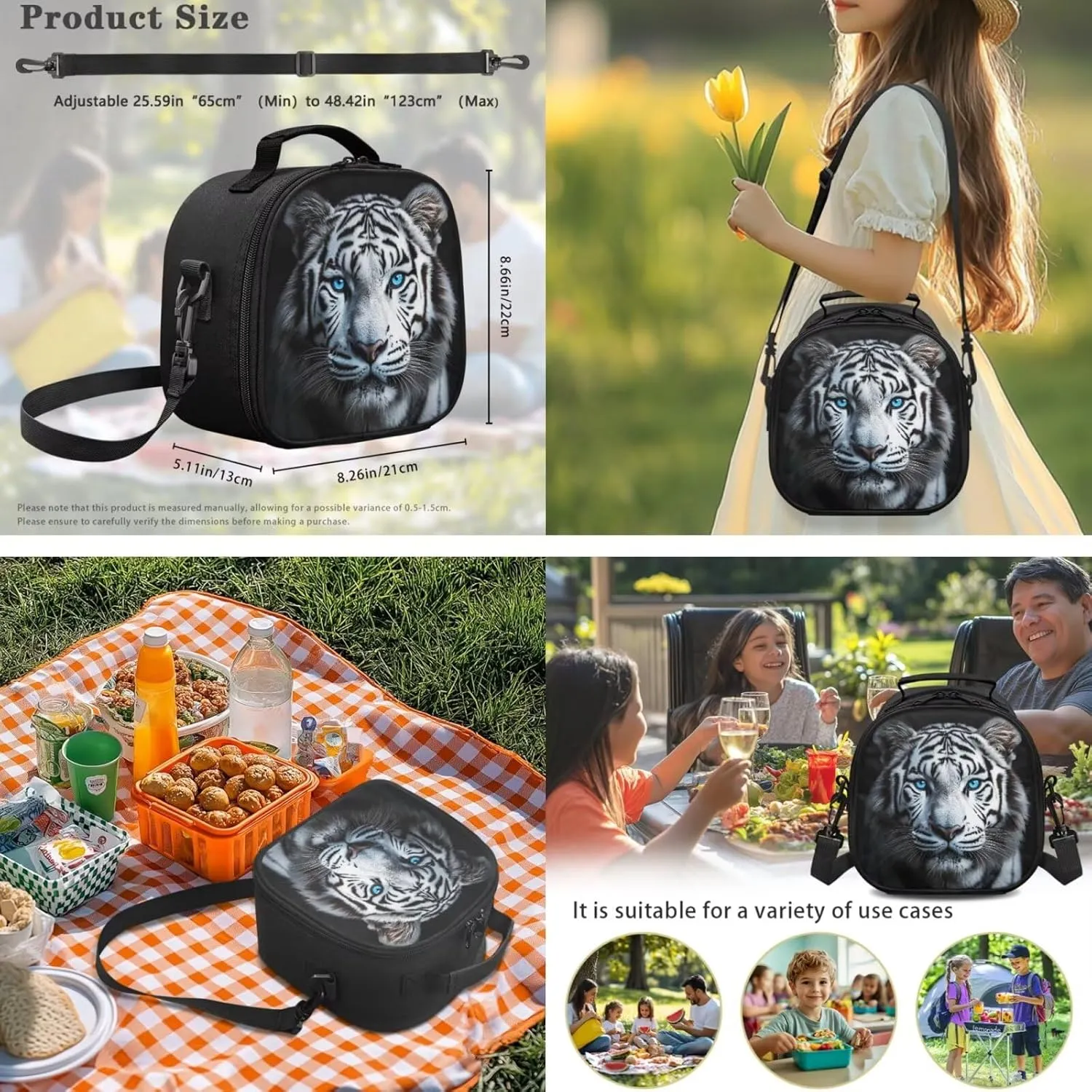 ZFRXIGN White Tiger with Blue Eyes Backpack for Boys School Backpack with Lunch Bags Pencil Case Cap Sleeve for Elementary School Middle School Bookbag Zipper Purse Black