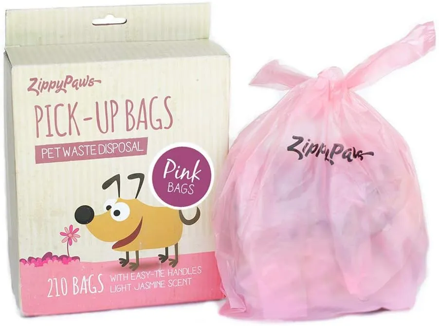 ZippyPaws - Dog Poop Pick-Up Bags, Large Strong Waste Bags with Easy-Tie Handles, Measures 14.5 Inch by 5.5 Inch - Pink, 210 Count