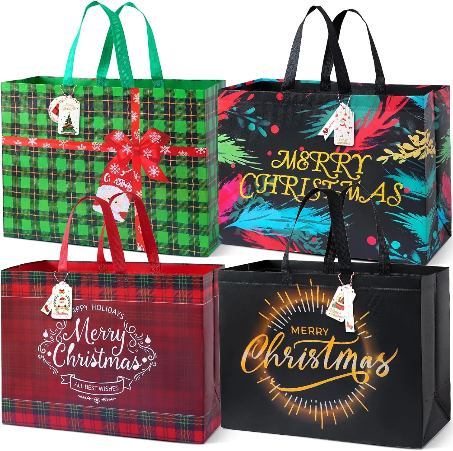 ZUIYIN 12Pcs Extra Large Plaid Pattern Reusable Shopping Bags With Handles for Christmas Gifts and Parties