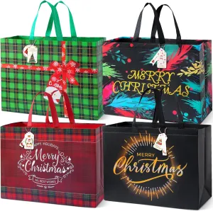 ZUIYIN 12Pcs Extra Large Plaid Pattern Reusable Shopping Bags With Handles for Christmas Gifts and Parties